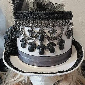 100% Wool Steampunk Top Hat Silver Lace Sequin Gothic Victorian Decorative Steampunk Top Hat, NOT TO WEAR, Halloween Top Hat  main image 2
