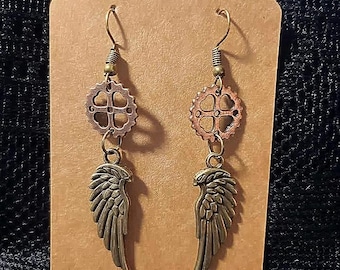 Steampunk dangle earrings,mixed metal,cogs,gears,wings charm,gothic,jewellery