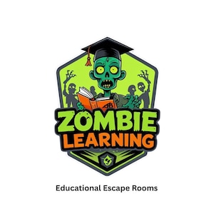 Op de afbeelding: Een logo met een groene zombie met een baret die een boek leest, voor "Zombie Learning". Het logo toont de tekst "ZOMBIE LEARNING" in groen en oranje, met de woorden "Educational Escape Rooms" eronder.