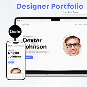 Può includere: Un design digitale che mostra il portfolio di un web developer, visualizzato su un laptop e uno smartphone. Il design presenta il nome "Dexter Johnson" e la parola "Portfolio". È visibile anche il logo Canva.