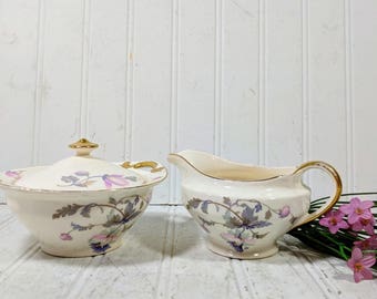 China Sugar Bowl + Cream Pitcher Pink & Purple Poppies Pattern with 18 Carat Gold Trim Marked National Ivory Dinnerware Antique Ivory Color