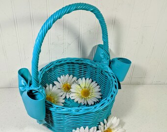 Turquoise Wicker Basket Wedding Bridesmaid Flower Basket Beach Blue Display Sky Blue Wicker Farmhouse Beach Cottage Rustic Storage Organize