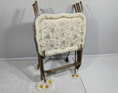 Vintage Tray Tables Set of 4 Caddy on Wheels Original Ivory Enamel Trays Silver Floral Stencil Design Large Metal Folding Tables Collection