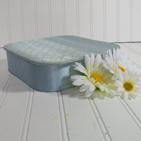 Powder Blue Satin Quilted Hankie Box - Vintage 1950s - Vanity Luxury Organizer - Shabby Chic