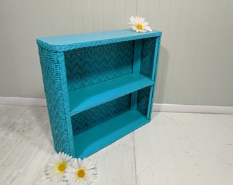 Turquoise Wicker Shelving Unit for Wall Hanging Seascape Blue Beach Cottage Storage Shelf Wood & Rattan Collectibles Display Farmhouse Shelf