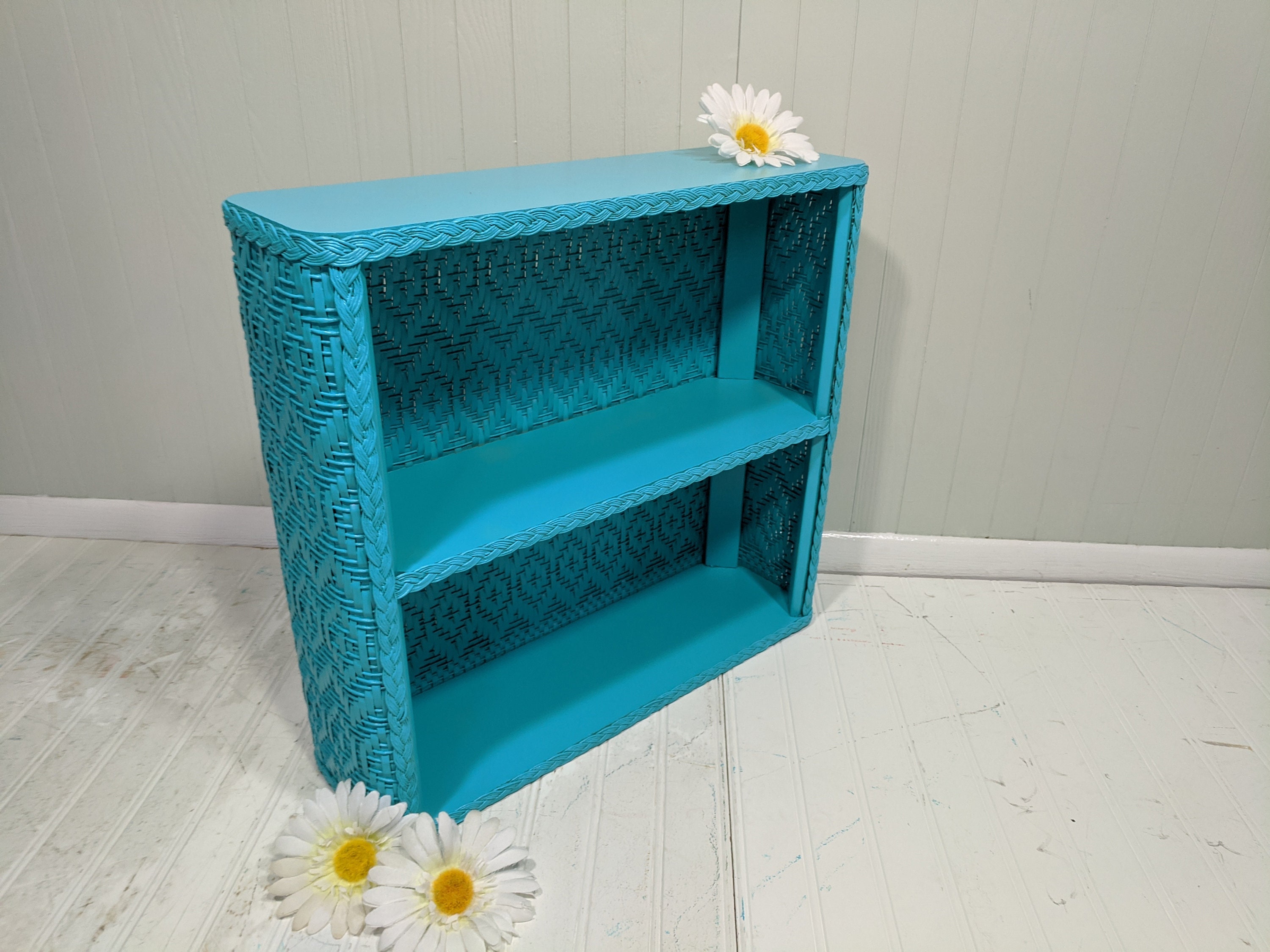 Turquoise Wicker Shelving Unit for Wall Hanging Seascape Blue Beach ...