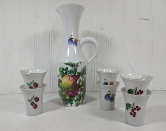 Naaman Wine Set Tall Juice Pitcher with 6 Porcelain Cups 7 Ceramic Pieces from Israel Nature Fruit Motif Accent Collection Pottery Barware