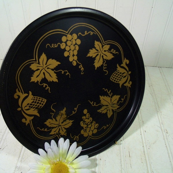 Vintage Grapes & Leaves Hand Painted in Gold Over Black Enamel Metal Tray - Retro Round Tin Plate - Mid Century Entertaining Beverage Server