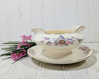 China Gravy Boat with Attached Underplate Pink & Purple Poppies with Gold Trim American Chinaware Corp National Ivory Atlas Globe Dinnerware