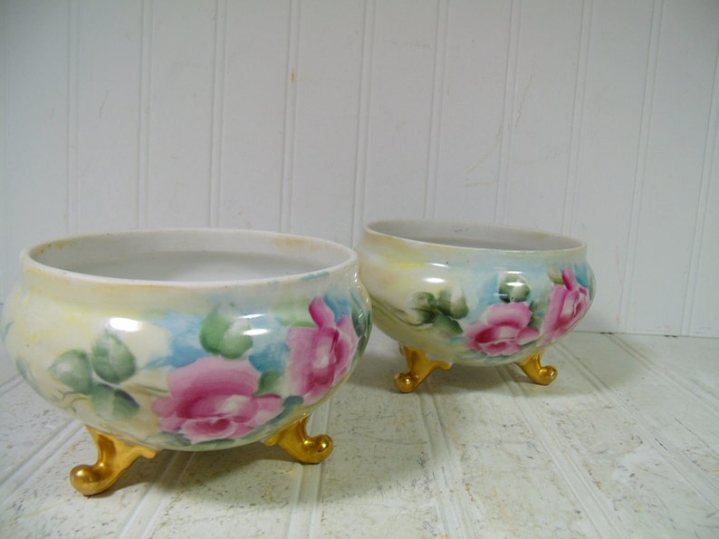 Porcelain Bowls Set of 2 with Gold Feet Made in Czechoslovakia Antique Hand Painted Pink Roses Matching Candy Bowls Free Shipping image 2