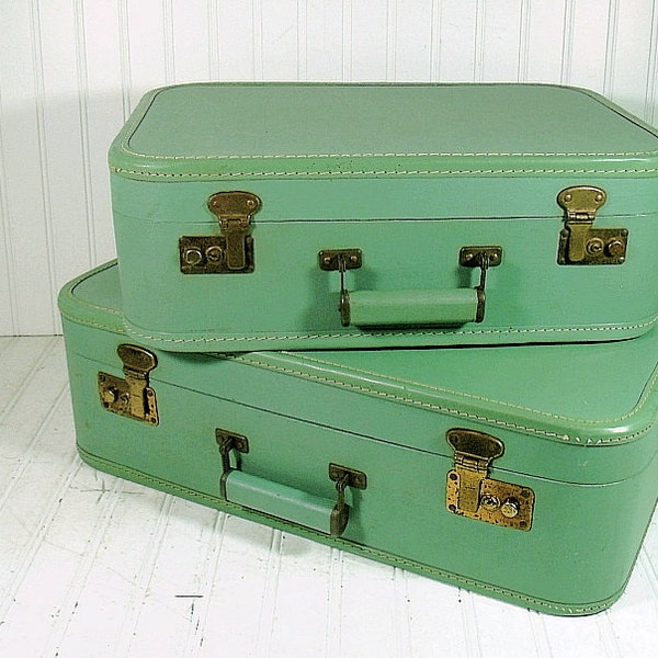 Vintage Matching Luggage Set in Celadon Green - Retro Sea Foam Aqua Graduated Bags - Shabby Chic Repurposing Carry Alls