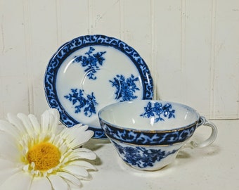 Flow Blue Cup and Saucer Set Touraine Pattern Henry Alcock & Co. England Porcelain Teacup + Plate Antique Blue White China Cottage Chic Set