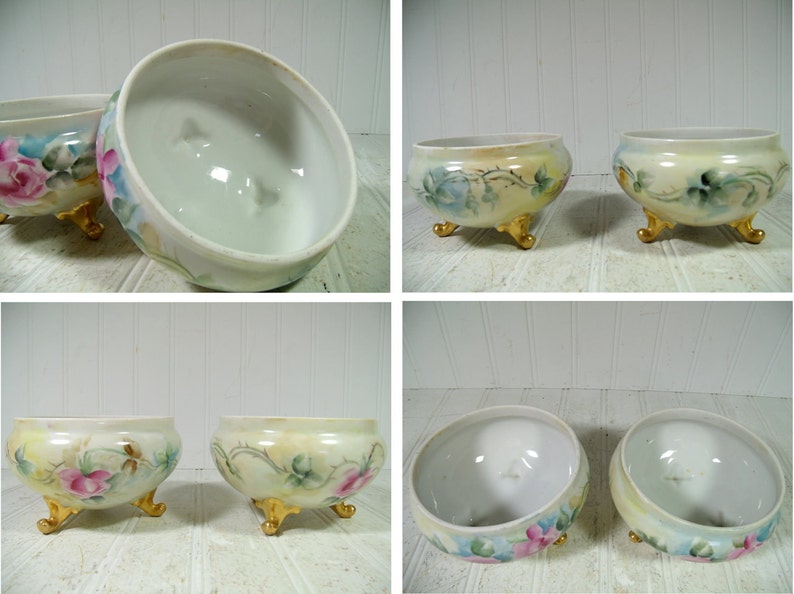 Porcelain Bowls Set of 2 with Gold Feet Made in Czechoslovakia Antique Hand Painted Pink Roses Matching Candy Bowls Free Shipping image 4