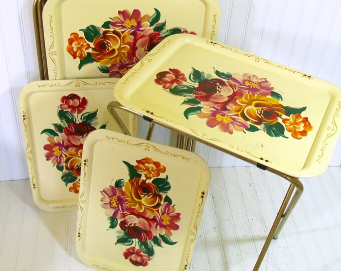 Vintage Metal Tray Tables Set of 4 Retro Handpainted Etsy