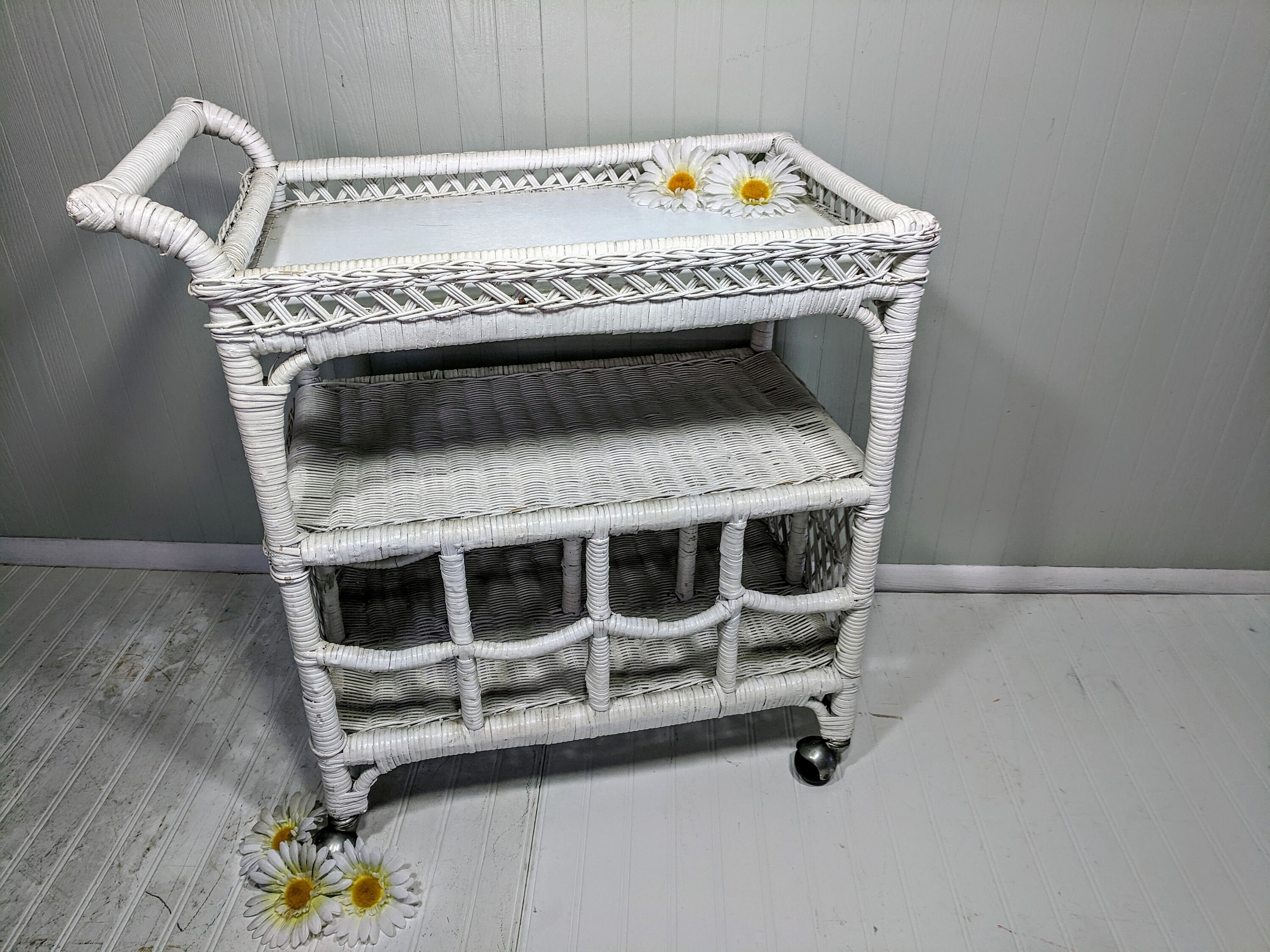 Wicker Bar Cart Vintage Large White Wicker Tray Table on Wheels Chippy