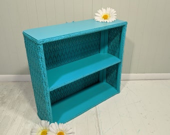 Turquoise Wicker Shelf Wall Hanging Vintage Wood and Wicker Shelving Unit 2 Shelves Wooden Framed Seascape Blue Rattan Display Beach Cottage