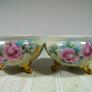 Porcelain Bowls Set of 2 with Gold Feet Made in Czechoslovakia Antique Hand Painted Pink Roses Matching Candy Bowls Free Shipping image 5