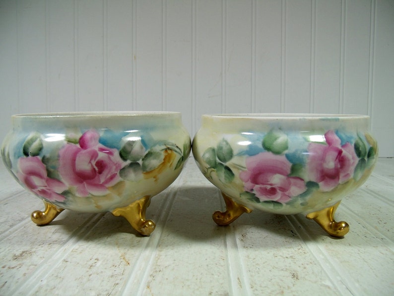 Porcelain Bowls Set of 2 with Gold Feet Made in Czechoslovakia Antique Hand Painted Pink Roses Matching Candy Bowls Free Shipping image 5