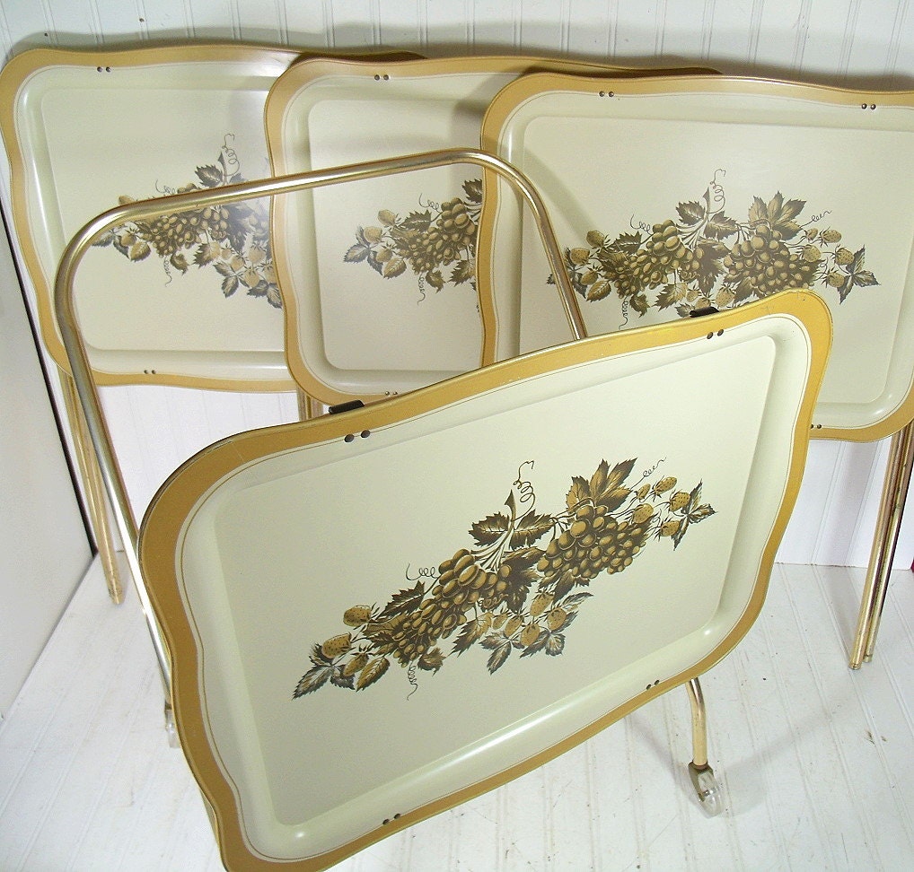 Vintage Harvest Gold Trim Metal Folding Tray Tables Set of 4 Etsy