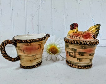 Lefton Sugar Creamer Set Hen on Basket Lefton's 1022 Exclusives Japan Petite Rustic Ceramic 3 Piece Set Farmhouse Pottery Decor Tableware