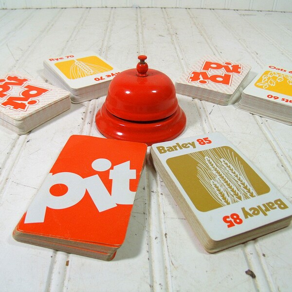 Vintage Parker Brothers Pit Card Trading Game Triple Set - Retro Game Night Group Including Original Mid Century Orange Metal Timing Bell