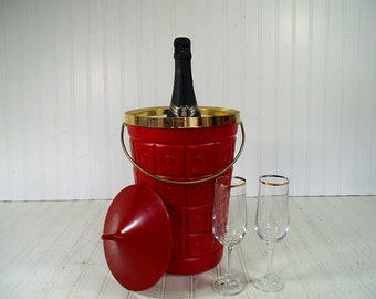 Ice Bucket Tall Retro Atomic Red Gold Trim Vintage LustraWare Design BarWare Champagne Bin Cocktail Generation Entertain Mid Century Storage