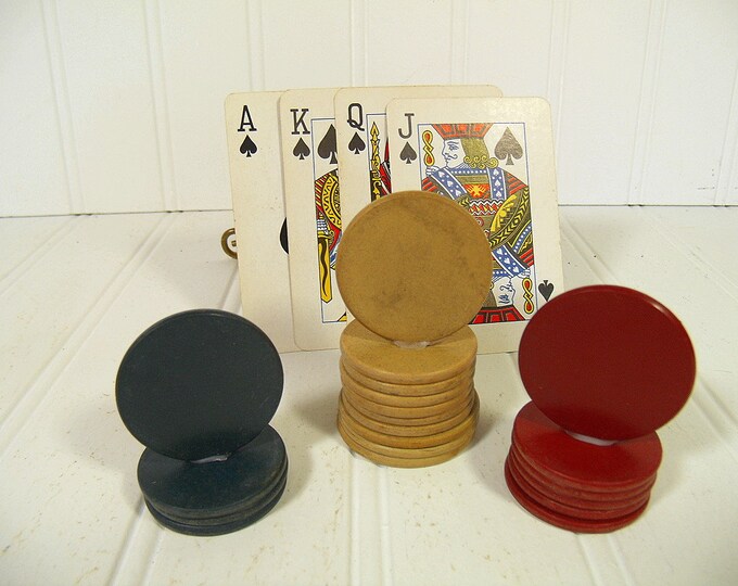 Clay Poker Chips Collection of 20 Pieces Vintage Red, Blue & Natural