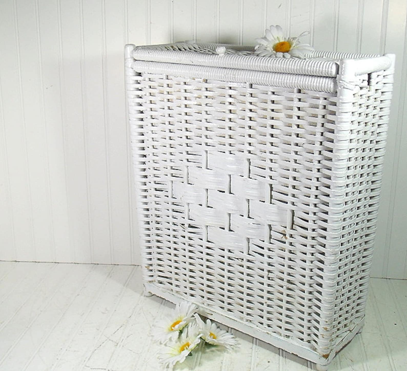 Vintage White Wicker & Wood Rectangular Hamper Shabby Chic Etsy