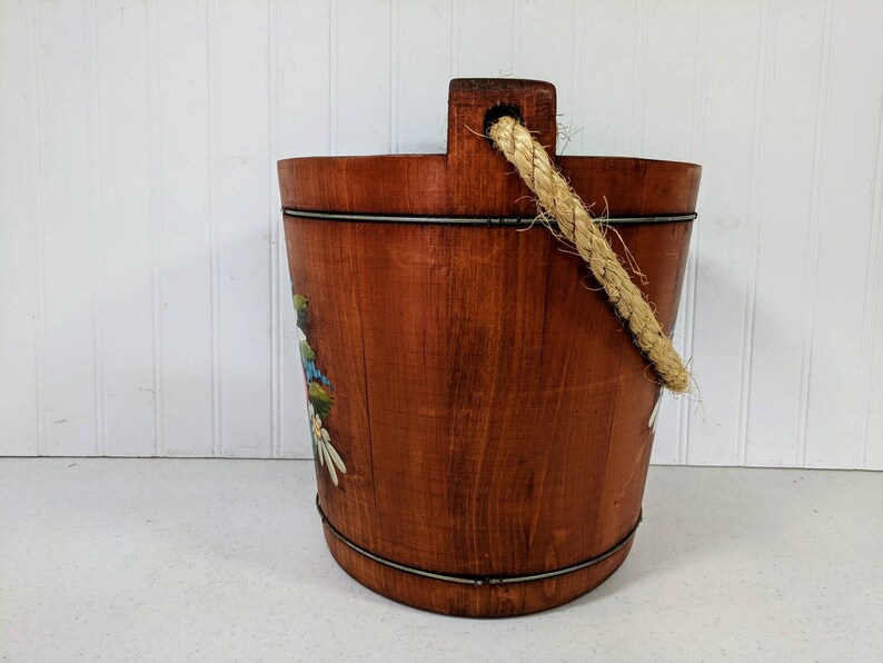 Wooden Bucket with Rope Handle Primitive Rustic Floral Hearts Etsy