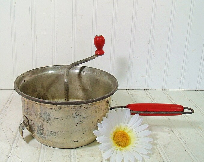 Vintage Red Wooden Handled Food Mill Rustic Foley Manufacturing Farmhouse Kitchen Metal Utensil
