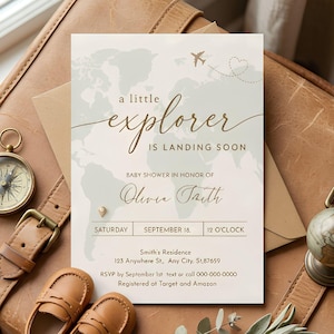 Mall för inbjudan till babyshower för äventyr väntar, inbjudan till en liten upptäcktsresande, inbjudan till babyshower för resor, Canva-mall