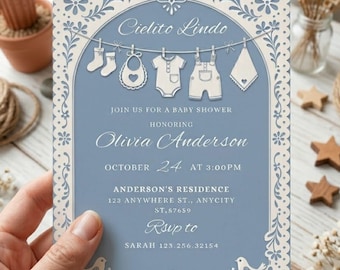 Cielito Lindo Baby Shower Invitation Boy, Invito per baby shower messicano blu Papel Picado, Download digitale Canva modificabile