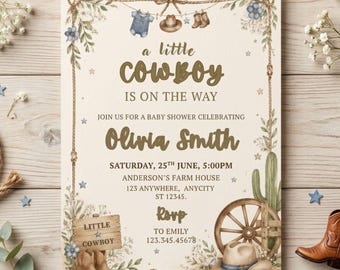 Invito per baby shower a tema cowboy, invito "Un piccolo cowboy sta arrivando", design rustico western con motivi floreali, download digitale modificabile su Canva.