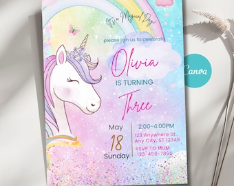 Unicorn Birthday Invitation, Pink Magical Sparkle Party Invite, Editable Canva Template for Girls, Instant Download