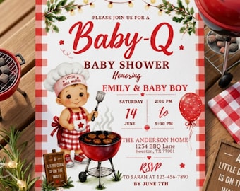 Invito per baby shower Baby Q, invito per baby shower a tema barbecue, modello digitale modificabile per baby shower Baby Q a quadretti rossi, download su Canva.