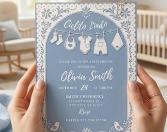 Cielito Lindo Baby Shower Boy Invitation, Cielito Lindo Baby Shower Invite digitale, Blue Papel Picado modificabile Canva Scarica