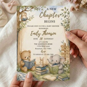 May include: A rectangular baby shower invitation card featuring watercolor illustrations of a teddy bear, a rabbit, and an elephant reading books under a tree. The text reads A NEW CHAPTER BEGINS, PLEASE JOIN US FOR A BABY SHOWER HONORING EMILY THOMSON.