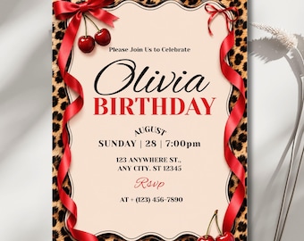 Invito di compleanno con stampa ghepardo, invito di compleanno con stampa leopardata, festa per ragazze selvagge, modello Canva modificabile con fiocco di ciliegie, download immediato