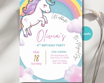 Unicorn Birthday Invitation, Pastel Rainbow Party Invite, Magical Birthday Girls Canva Template (Digital Download)