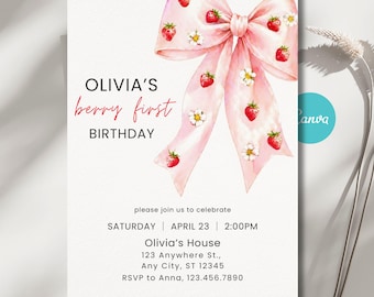 Berry First Birthday Invitation, Strawberry Pink Bow Party Invite, Berry 1st Birthday Girl, Canva Template, Instant Download