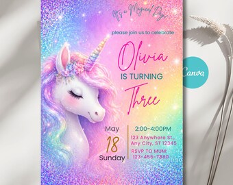 Unicorn Birthday Invitation, Pink Magical Sparkle Party, Editable Template, 5x7 Canva Invite for Girls, Instant Digital Download