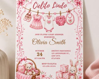 Invito per baby shower Cielito Lindo per bambina, invito per baby shower messicano per bambina, Talavera floreale rosa, download digitale modificabile su Canva