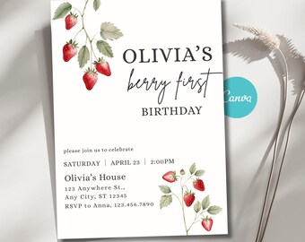 Strawberry First Birthday Invitation Template, Berry First Birthday Invite, Strawberry Girl Party, Editable Canva Template, Instant Download