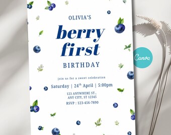 Editable Blueberry Birthday Invitation, Berry First Birthday, Printable Canva Template, Digital Download, 1st Birthday Printable Invite