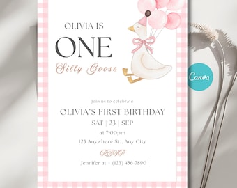 One Silly Goose Birthday, First Birthday Goose Invitation, Editable Invitation Canva Template Digital Download