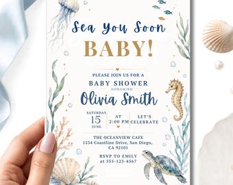 Invito per baby shower "Ci vediamo presto", invito colorato a tema cavalluccio marino e oceano, modificabile e scaricabile in formato digitale su Canva.