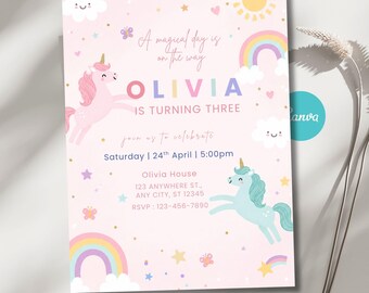 Unicorn Birthday Invitation Girl, Editable Canva Template, Printable Pink Party Invite, Instant Download