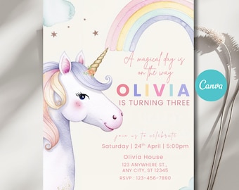 Editable Unicorn Birthday Invitation, Pastel Rainbow Party Template, Magical Fairytale Design for Girls, Instant Digital Download