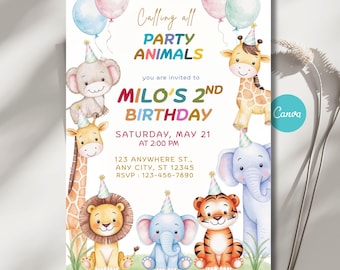 Calling All Party Animals Kids Birthday Invite, Jungle Party Safari Boy Zoo Animals, Canva Template Digital Download