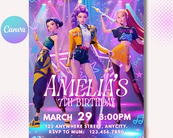 Kpop Birthday Invitation Template, Editable K-pop Demon Hunters Birthday Invite, Printable Canva Template, Digital Download